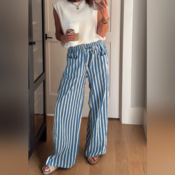 Striped casual drawstring wide leg loose fit pants, women Large - Picture 1 of 4
